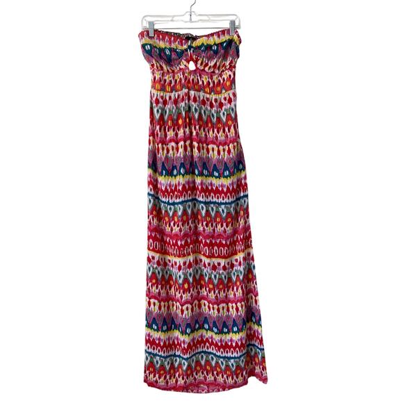 Boho Beachy Strapless Smocked Babydoll Maxi Dress Size L Whimsical Resort Wear - Picture 2 of 10